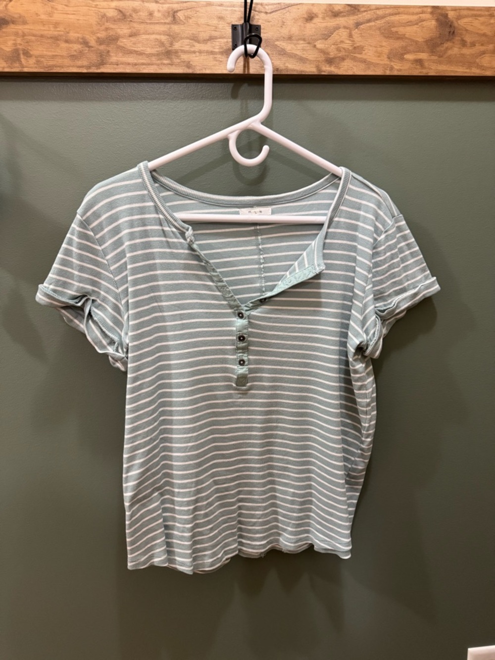 Maurices Sage Green and White Striped Henley Tee